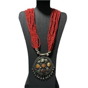 NEW Red Coral Multi Strand Beaded Necklace w/ Silver Pendant 27" Statement Piece